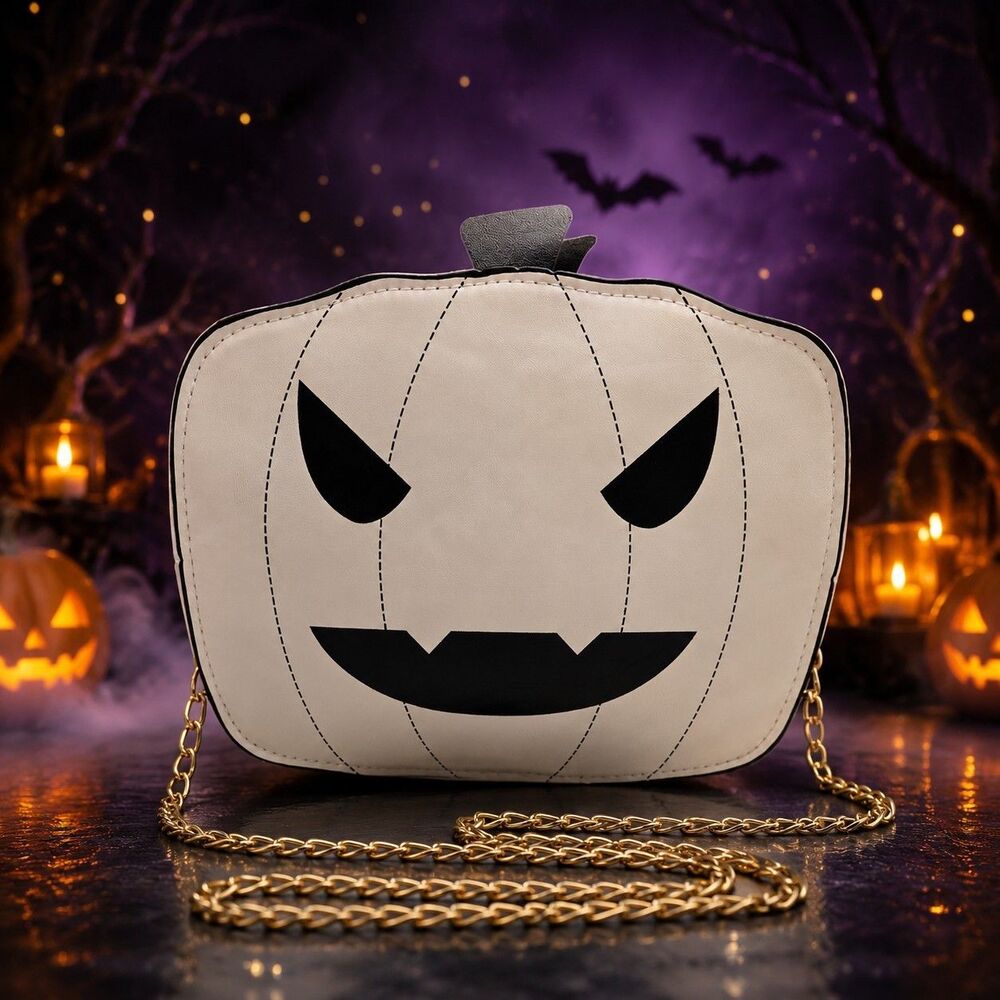 NEW White Jack O Lantern Pumpkin Crossbody Purse Gold Chain Halloween NWOT Bag